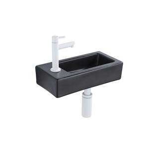 FugaFlow Efficiente Pietra Ensemble fontaine - 37,5x18,5x9cm - céramique - trou de robinet à gauche - robinet de fontaine blanc mat - bouchon de vidange - siphon abaissé - Noir mat