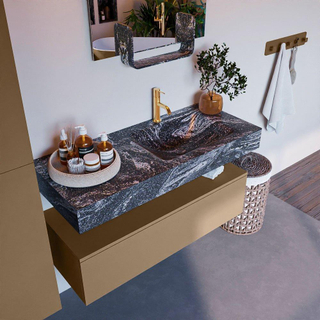Mondiaz ALAN-DLUX Ensemble de meuble - 110cm - meuble Oro mat - 1 tiroir - Lavabo Cloud Lava suspendu - vasque Droite - 1 trou de robinet