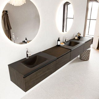 MONDIAZ BUKLA 280cm badmeubel met module 60 links kleur Dark Brown met 4 lades. Wastafel CLOUD dubbel 2 kraangaten kleur Urban.
