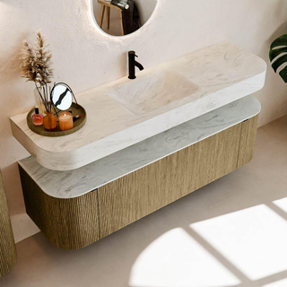 MONDIAZ THOR-DLUX 160cm meuble de salle de bains arrondi gauche + droite couleur Dusk avec 1 tiroir et 2 portes. Vasque suspendue CLOUD Milieu 1 trou de robinet couleur Opalo.