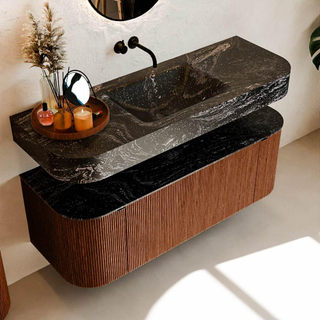 MONDIAZ THOR-DLUX Meuble de salle de bains 130cm arrondi gauche + droite couleur Ruby avec 1 tiroir et 2 portes. Vasque suspendue CLOUD Milieu sans trou de robinet couleur Lava.