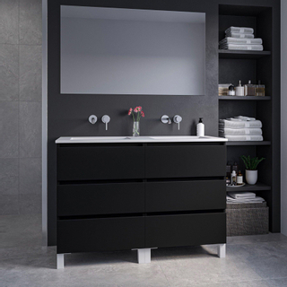 Adema Chaci PLUS Ensemble de meuble - 119x86x45.9cm - 2 vasques en céramique Blanc - robinets encastrables Inox - 6 tiroirs - miroir rectangulaire - Noir mat
