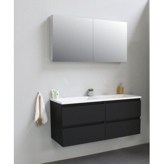 Basic Bella Meuble salle de bains avec lavabo acrylique Blanc avec armoire toilette 2 portes gris 120x55x46cm sans trous de robinet Noir mat