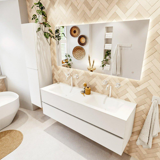 MONDIAZ VICA meuble sous lavabo 150cm Talc 2 tiroirs. Lavabo CLOUD double 2 trous de robinet, couleur Talc.