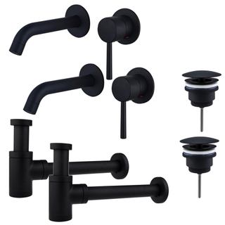 FugaFlow Eccelente Sobrado Slim Kit robinet lavabo - pour double vasque - robinet rehaussé - bonde non-obturable - siphon design bas - Noir mat