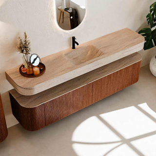 MONDIAZ THOR-DLUX Meuble de salle de bains 200cm arrondi gauche + droite couleur Ruby avec 2 tiroirs et 2 portes. Vasque suspendue CLOUD Milieu 1 trou de robinet couleur Saba.