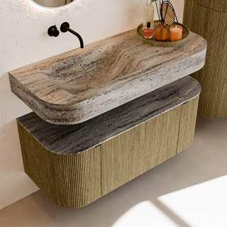 MONDIAZ THOR-DLUX Meuble de salle de bains 110cm arrondi gauche + droite couleur Dusk avec 1 tiroir et 2 portes. Vasque suspendue CLOUD Gauche sans trou de robinet couleur Oza.