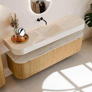 MONDIAZ THOR-DLUX 170cm badmeubel ronding links + rechts kleur Oak met 1 lade en 2 deuren. Vrijhangende wastafel CLOUD Midden zonder kraangat kleur Meli.