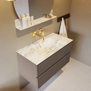 Mondiaz VICA-DLUX ensemble de meuble de salle de bain - 90cm - meuble sous-vasque fumée - 2 tiroirs - lavabo encastré nuage milieu - sans trous de robinet - version haute 60cm - glace