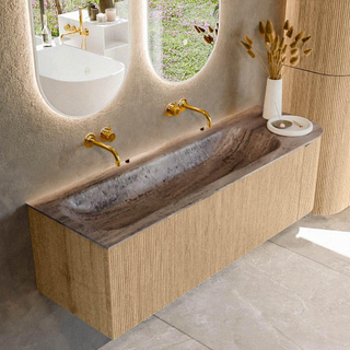 MONDIAZ KURVE-DLUX 145cm badmeubel ronding Rechts kleur Oak met 1 lade en 1 deur. Wastafel BIG LARGE Links zonder kraangat Oza.