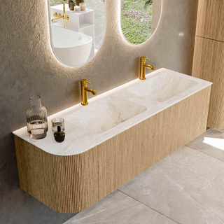 MONDIAZ KURVE-DLUX 145cm Meuble salle de bain avec module 25 G - couleur Oak - 1 tiroir - 1 porte - vasque LEAF double / droite - 2 trous de robinet - couleur Frappe