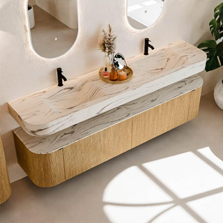 MONDIAZ THOR-DLUX 200cm meuble de salle de bains arrondi gauche + droite couleur Oak avec 2 tiroirs et 2 portes. Vasque suspendue CLOUD Double 2 trous de robinet couleur Nata.