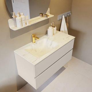 Mondiaz VICA-DLUX Ensemble de meuble de salle de bain - 100cm - meuble sous-vasque lin - 2 tiroirs - lavabo encastré nuage gauche - 1 trou de robinet - version haute de 60cm - opalo