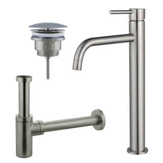 FugaFlow Eccelente Sobrado Slim Slim Kit mitigeur lavabo - robinet rehaussé - bonde nonobturable - siphon design - PVD Inox brossé