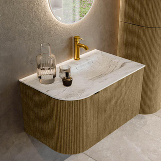 Mondiaz KURVE-DLUX Ensemble de meuble salle de bain - 75x46x40cm - 1 tiroir - 1 porte - lavabo en solid surface - droite - 1 trou de robinet - Dusk