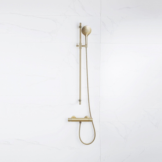 FugaFlow Eccelente Sobrado Ensemble de douche barre curseur avec douchette ronde, flexible en métal et robinet de douche Laiton brossé PVD