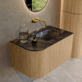 MONDIAZ KURVE-DLUX 75cm Meuble salle de bain avec module 25 G - couleur Oak - 1 tiroir - 1 porte - vasque GRUNNE droite - sans trou de robinet - couleur Lava