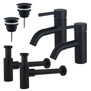 FugaFlow Eccelente Sobrado Kit robinet lavabo - pour double vasque - robinet bas - bonde non-obturable - siphon design - Noir mat