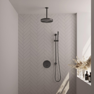 BRAUER Stripe Thermostatische Inbouw Regendouche - 3-weg - rond - SET 45 - 25cm douchekop - plafondarm - staaf handdouche - doucheslang - geïntegreerde glijstang - gunmetal geborsteld PVD
