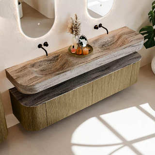 MONDIAZ THOR-DLUX Meuble de salle de bains - 190cm - arrondi gauche + droite - couleur Dusk - 2 tiroirs et 2 portes - Vasque suspendue CLOUD Double sans trou de robinet - couleur Oza