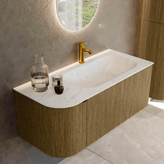 Mondiaz KURVE-DLUX Ensemble de meuble salle de bain - 105x46x40cm - 1 tiroir - 1 porte - lavabo en solid surface - droite - 1 trou de robinet - Dusk