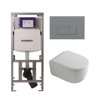 QeramiQ Dely Swirl Toiletset - 36.3x51.7cm - Geberit UP320 Burda inbouwreservoir - 35mm zitting - bedieningsplaat licht grijs - rechthoekige knoppen - wit mat