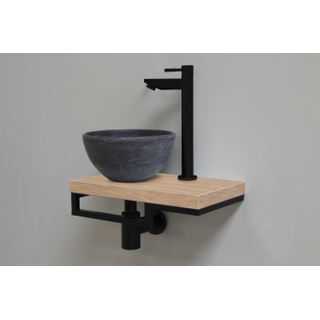 Proline Pack lave-mains 40x23cm avec vasque céramique pierre de taille gauche, plan Ideal Oak et robinet, sipon et bonde noir mat