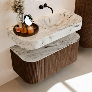 MONDIAZ THOR-DLUX 100cm meuble de salle de bains arrondi gauche + droite couleur Walnut avec 1 tiroir et 2 portes. Vasque suspendue CLOUD droite sans trou de robinet couleur Glace.