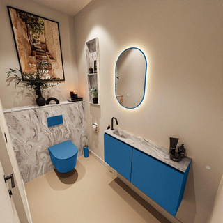 MONDIAZ TURE-DLUX Meuble toilette - 100cm - Jeans - EDEN - vasque Glace - position gauche - 1 trou de robinet