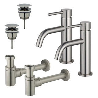 FortiFura Calvi Kit robinet lavabo - pour double vasque - robinet bas - bonde clic clac - siphon design bas - Inox brossé PVD