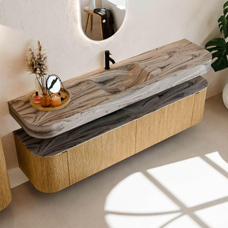 MONDIAZ THOR-DLUX Meuble de salle de bains 190cm arrondi gauche + droite couleur Oak avec 2 tiroirs et 2 portes. Vasque suspendue CLOUD Milieu 1 trou de robinet couleur Sombra.