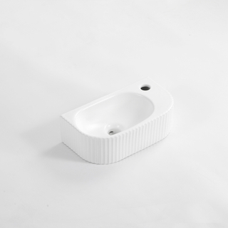 QeramiQ Blend Fontein - 40x22x12cm - Rechts - Geribbeld - halfrond - 1 kraangat - Keramiek - Wit Mat