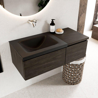 MONDIAZ BUKLA 100cm badmeubel met module 40 kleur Dark Brown met 2 lades. Wastafel CLOUD links 0 kraangaten kleur Urban.