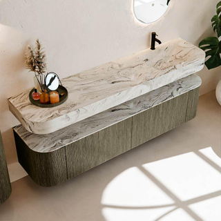 MONDIAZ THOR-DLUX Meuble de salle de bains - 190cm - arrondi gauche + droite - couleur Shadow - 2 tiroirs - 2 portes - Vasque suspendue CLOUD Droite 1 trou de robinet - couleur Glace