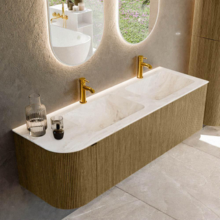 Mondiaz KURVE-DLUX Ensemble de meuble salle de bain - 145x46x40cm - 1 tiroir - 1 porte - lavabo en solid surface - double / droite - 2 trous de robinet - Dusk
