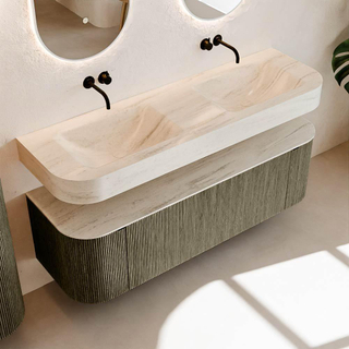 MONDIAZ THOR-DLUX 150cm meuble de salle de bains arrondi gauche + droite couleur Shadow avec 1 tiroir et 2 portes. Vasque suspendue CLOUD Double sans trou de robinet couleur Meli.