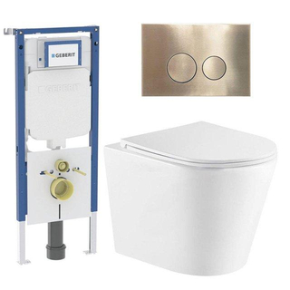 QeramiQ Dely Toiletset - 36.3x51.7cm - diepspoel - rimless - Geberit UP720 inbouwreservoir - softclose toiletzitting - geborsteld messing bedieningsplaat - ronde knoppen - wit mat