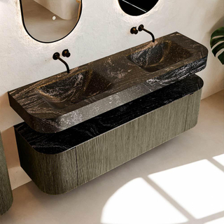 MONDIAZ THOR-DLUX 160cm meuble de salle de bains arrondi gauche + droite couleur Shadow avec 1 tiroir et 2 portes. Vasque suspendue CLOUD Double sans trou de robinet couleur Lava.