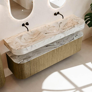 MONDIAZ THOR-DLUX 170cm meuble de salle de bains arrondi gauche + droite couleur Dusk avec 1 tiroir et 2 portes. Vasque suspendue CLOUD Double sans trou de robinet couleur Glace.