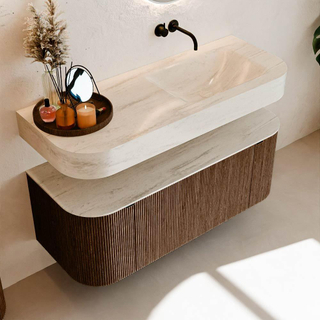 MONDIAZ THOR-DLUX Meuble de salle de bains 120cm arrondi gauche + droite couleur Walnut avec 1 tiroir et 2 portes. Vasque suspendue CLOUD Droite sans trou de robinet couleur Meli.