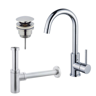 FortiFura Calvi Kit robinet lavabo - robinet haut - bec rotatif - bonde clic clac - siphon design - Chrome brillant