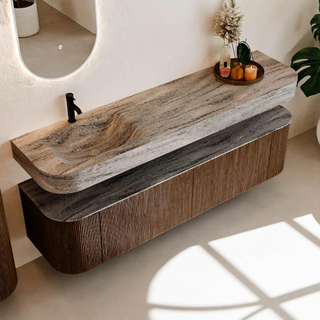 MONDIAZ THOR-DLUX Meuble de salle de bains 180cm arrondi gauche + droite couleur Walnut avec 2 tiroirs et 2 portes. Vasque suspendue CLOUD Gauche 1 trou de robinet couleur Oza.