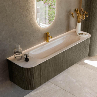 MONDIAZ KURVE-DLUX 170cm badmeubel ronding Links + Rechts kleur Shadow met 1 lade en 2 deuren. Wastafel BIG LARGE Midden 1 kraangat Meli.