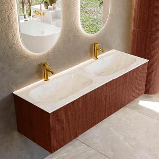 Mondiaz KURVE-DLUX Ensemble de meuble salle de bain - 140x46x40cm - 2 tiroirs - lavabo en solid surface - double - 2 trous de robinet - Ruby