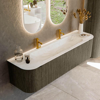 Mondiaz KURVE-DLUX Badkamermeubelset - 170x46x40cm - 1 lade - 2 deuren - wastafel solid surface - midden - 2 kraangaten - Shadow