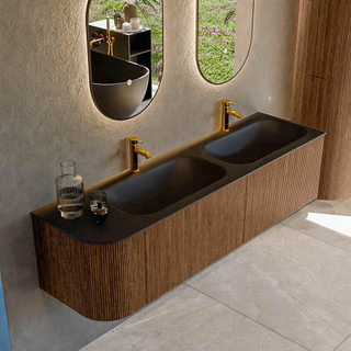 MONDIAZ KURVE 165cm Meuble salle de bain avec module 25 G - couleur Walnut - 2 tiroirs - 1 porte - vasque BIG SMALL double / droite - 2 trous de robinet - Urban