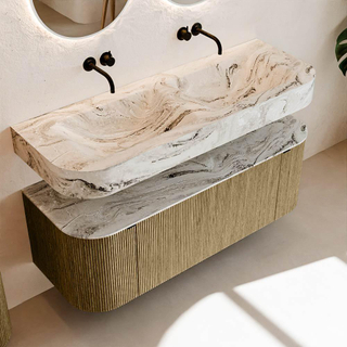 MONDIAZ THOR-DLUX 130cm meuble de salle de bains arrondi gauche + droite couleur Dusk avec 1 tiroir et 2 portes. Vasque suspendue CLOUD Double sans trou de robinet couleur Glace.