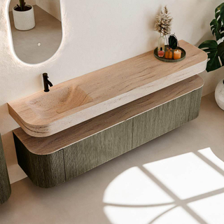 MONDIAZ THOR-DLUX 200cm meuble de salle de bains arrondi gauche + droite couleur Shadow avec 2 tiroirs et 2 portes. Vasque suspendue CLOUD Gauche 1 trou de robinet couleur Saba.