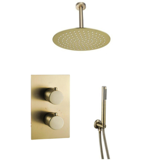 Fortifura Calvi Inbouw Regendoucheset - thermostatisch - plafondarm - 25cm hoofddouche - staaf handdouche - Geborsteld Messing PVD (Goud)