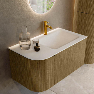 Ensemble de meuble Mondiaz KURVE - 85x46x40cm - 1 tiroir - 1 porte - lavabo en solid surface - droite - 1 trou de robinet - Dusk